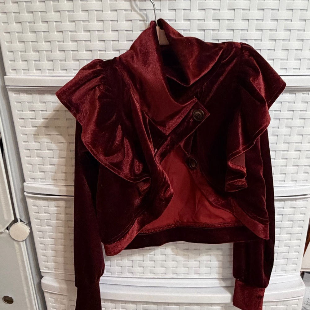 Joyfolie Burgundy Velvet Ruffle Jacket - Picture 8 of 8